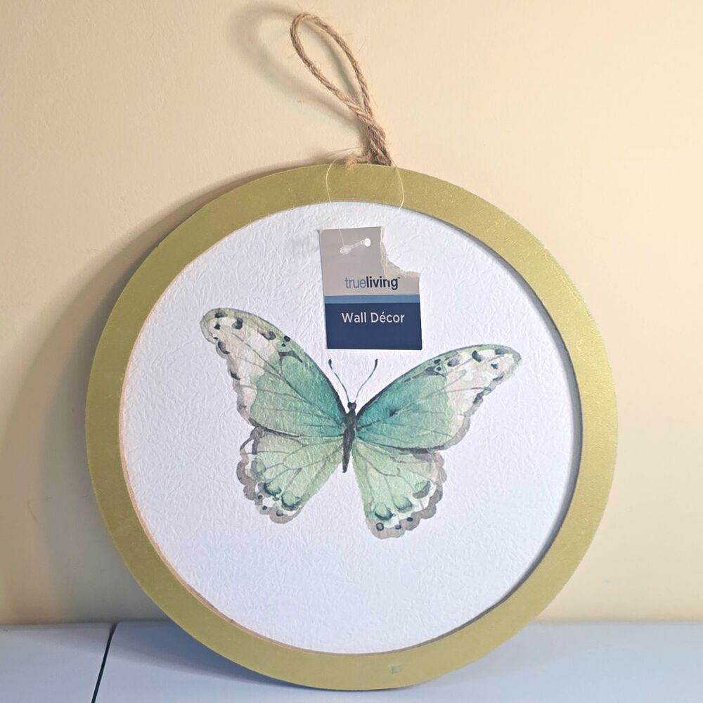 B9 trueliving Butterfly Round Wood Wall Plaque, Gold/White/Green.